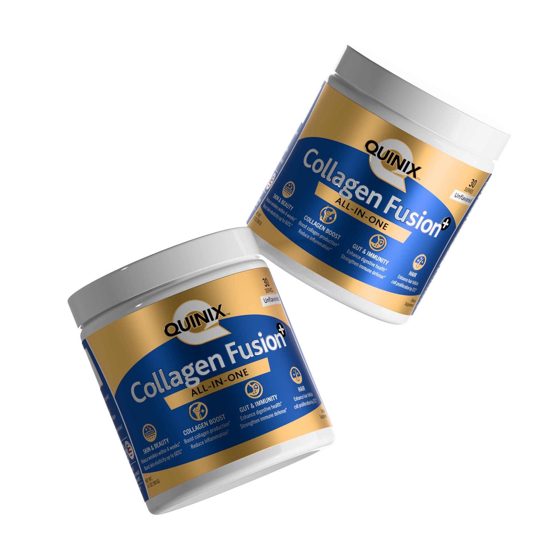 Two floating jars of QUINIX Collagen Fusion+ All-in-One supplement, featuring gold and navy packaging. Designed for skin, gut, and immune support with clinically backed ingredients.