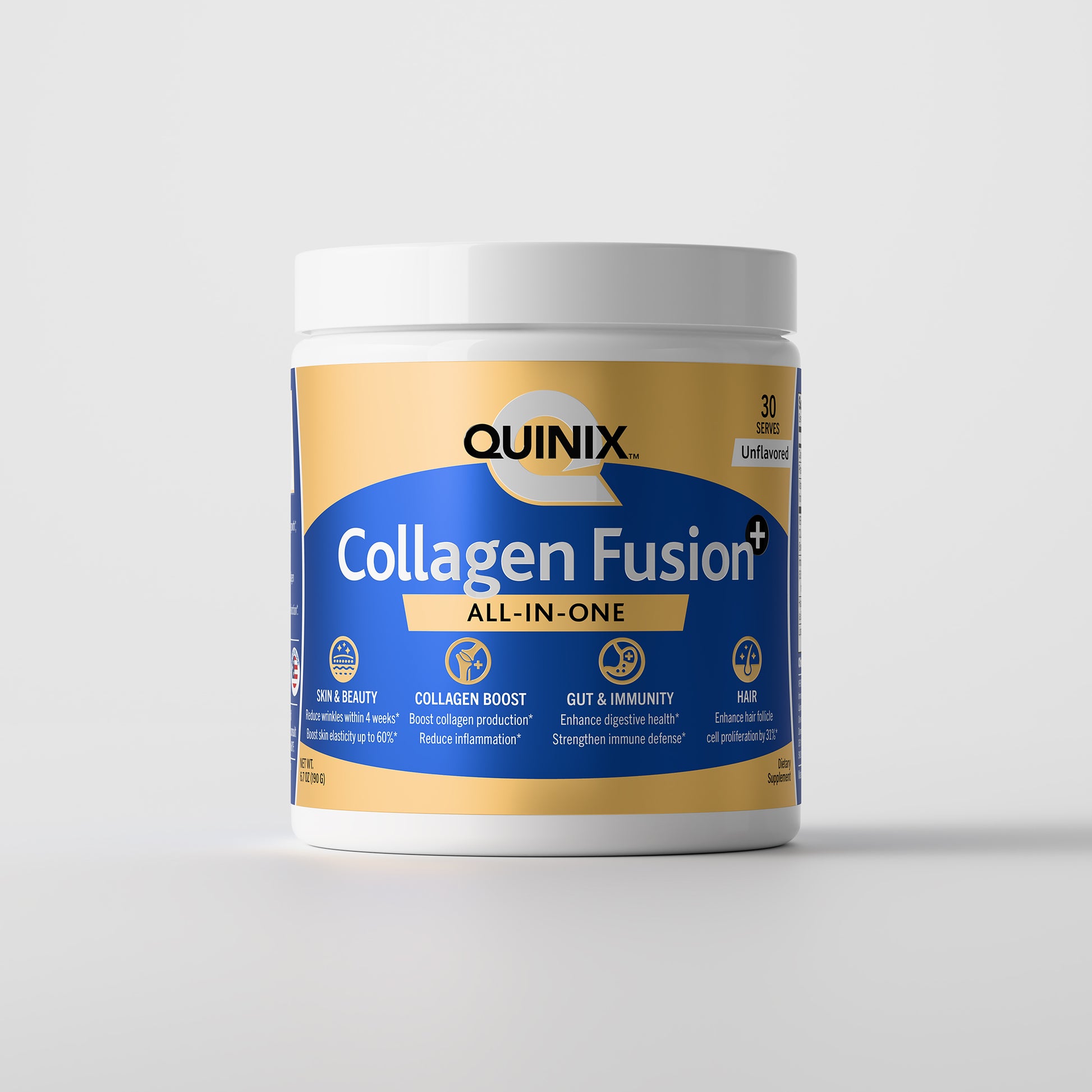 QUINIX Collagen Fusion+ All-in-One collagen supplement powder – unflavored 30-serving container featuring clinically backed ingredients for skin, hair, gut, and immune health. Premium gold and blue packaging designed for beauty and wellness support.