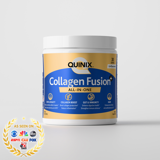 QUINIX Collagen Fusion+ All-in-One collagen supplement powder – unflavored 30-serving container featuring clinically backed ingredients for skin, hair, gut, and immune health. Premium gold and blue packaging designed for beauty and wellness support.