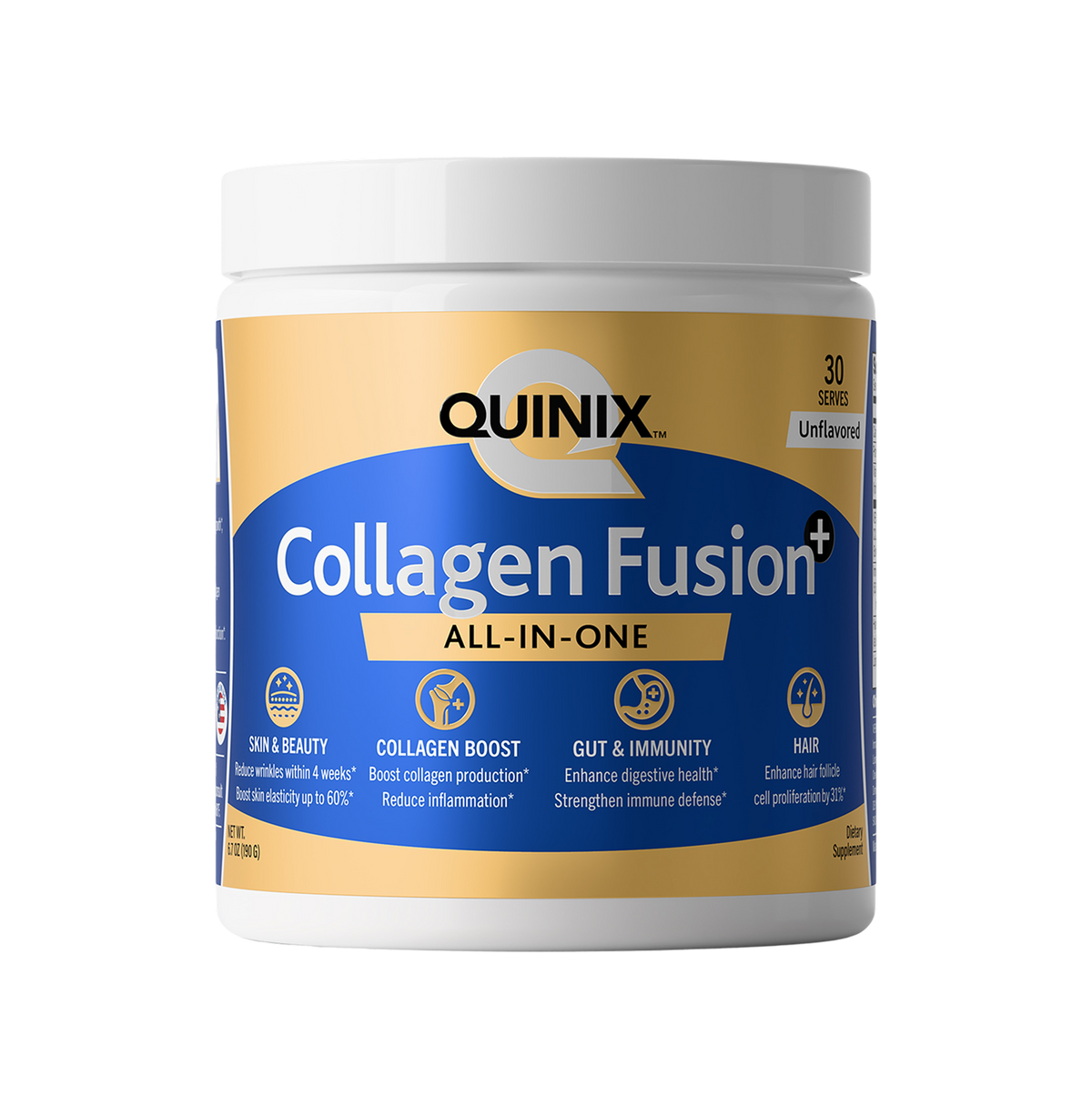 QUINIX Collagen Fusion+ All-in-One collagen supplement powder – unflavored 30-serving container featuring clinically backed ingredients for skin, hair, gut, and immune health. Premium gold and blue packaging designed for beauty and wellness support.