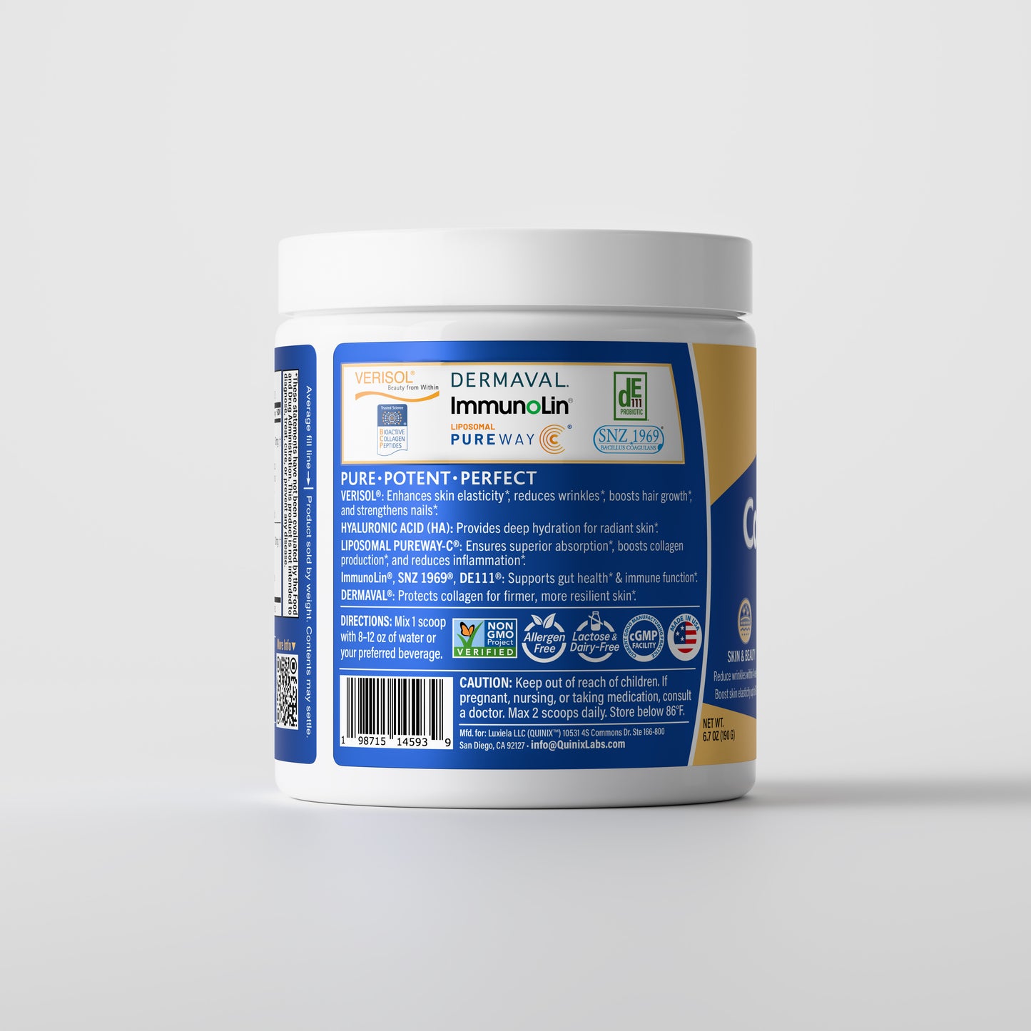 Back label of QUINIX™ Collagen Fusion+ supplement jar featuring clinically studied ingredients VERISOL®, ImmunoLin®, Dermaval®, PureWay-C®, DE111®, and SNZ1969® with benefits for skin, gut, immunity, and hydration