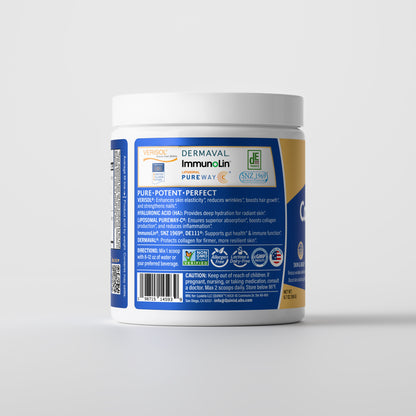 Back label of QUINIX™ Collagen Fusion+ supplement jar featuring clinically studied ingredients VERISOL®, ImmunoLin®, Dermaval®, PureWay-C®, DE111®, and SNZ1969® with benefits for skin, gut, immunity, and hydration