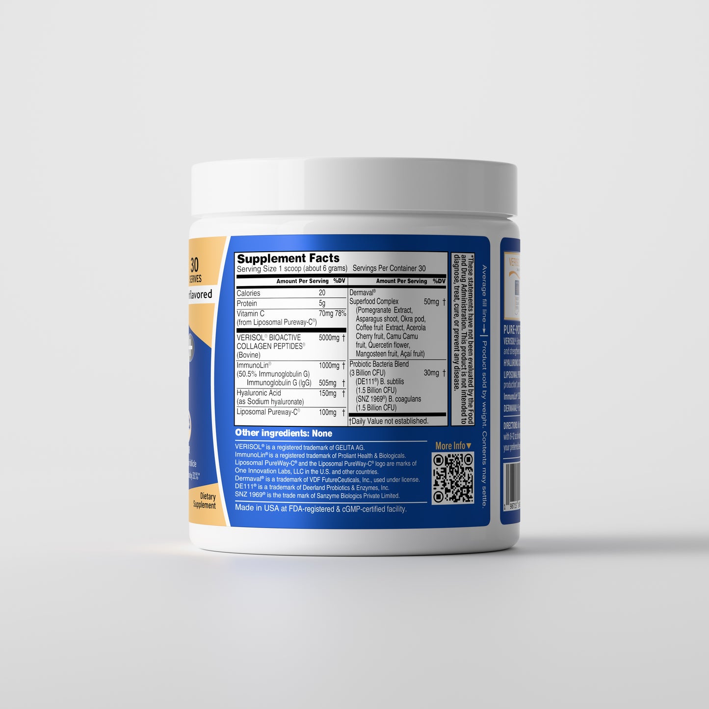 Supplement Facts label of QUINIX™ Collagen Fusion+ showing clinically dosed ingredients including 5000 mg VERISOL® collagen peptides, 1000 mg ImmunoLin®, 150 mg hyaluronic acid, PureWay-C®, Dermaval®, and 3 billion CFU probiotics