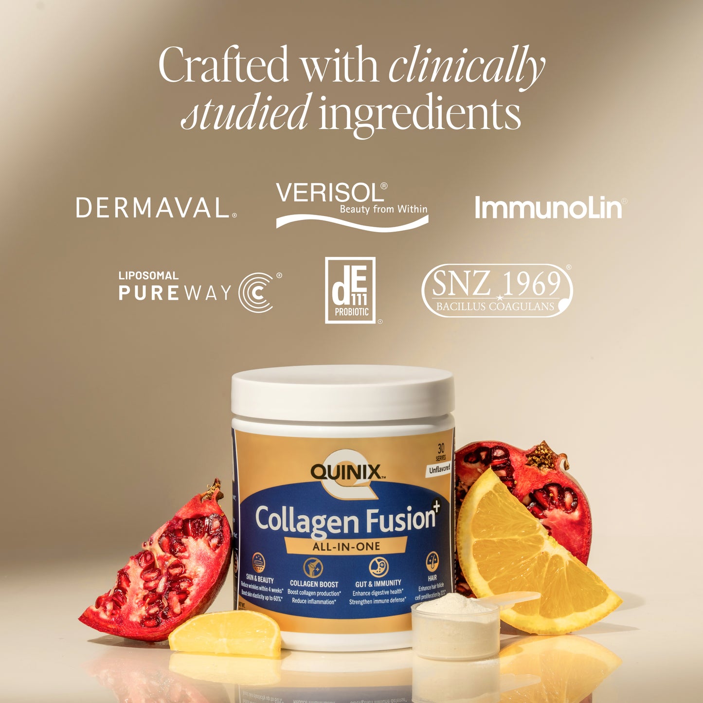 QUINIX Collagen Fusion+ supplement powder displayed with pomegranate and citrus fruits, highlighting clinically studied ingredients including VERISOL®, ImmunoLin®, Dermaval®, PureWay-C®, DE111®, and SNZ 1969® for skin, gut, immune, and collagen support.