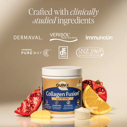 QUINIX Collagen Fusion+ supplement powder displayed with pomegranate and citrus fruits, highlighting clinically studied ingredients including VERISOL®, ImmunoLin®, Dermaval®, PureWay-C®, DE111®, and SNZ 1969® for skin, gut, immune, and collagen support.