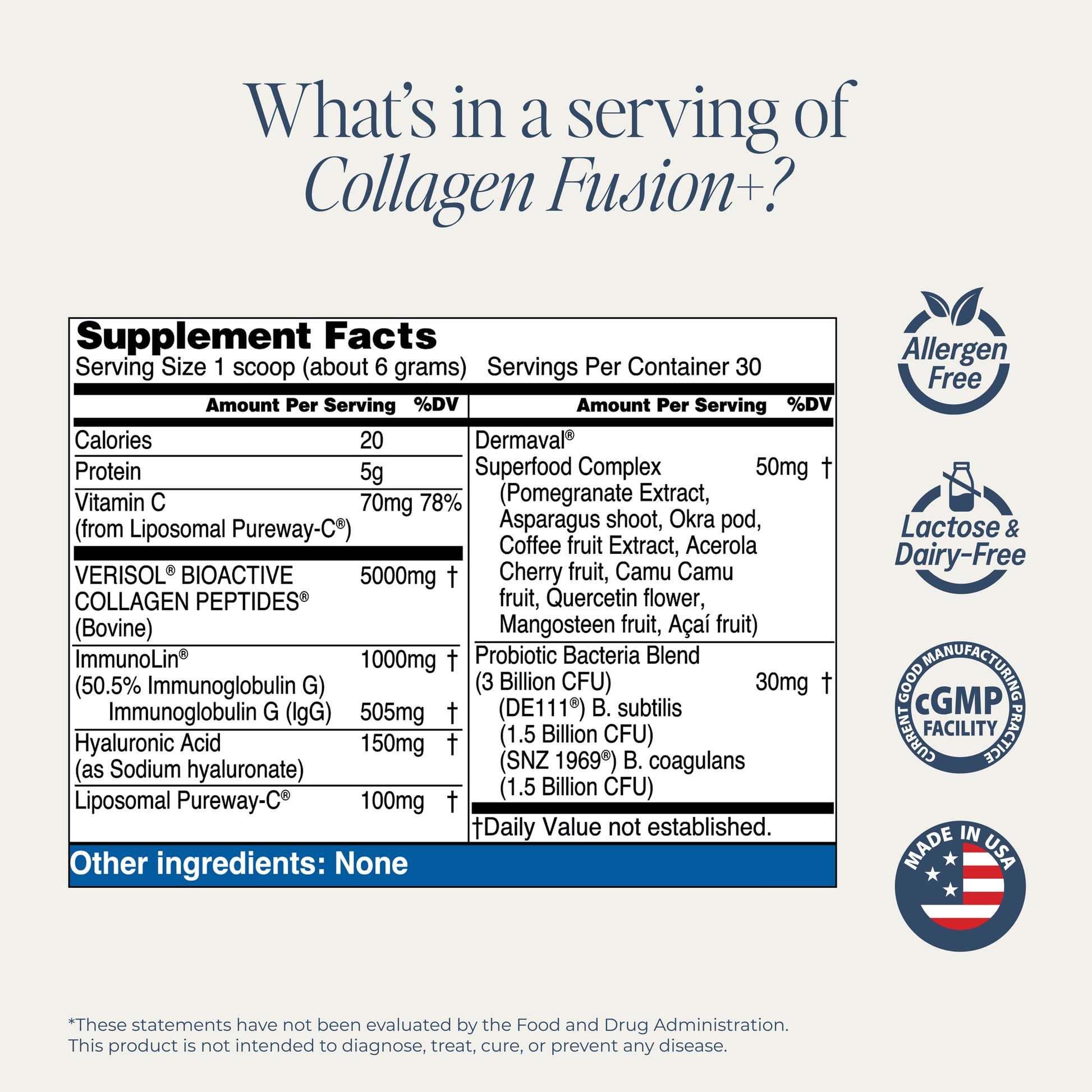 Supplement Facts label for QUINIX Collagen Fusion+ showing 5000 mg of VERISOL® collagen, 1000 mg ImmunoLin®, 150 mg hyaluronic acid, PureWay-C®, Dermaval® superfood blend, and 3 billion CFU probiotics DE111® and SNZ 1969®. Features include allergen-free, lactose-free, cGMP certified, and Made in USA.