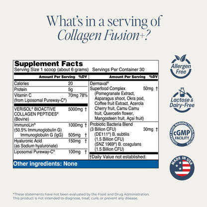 Supplement Facts label for QUINIX Collagen Fusion+ showing 5000 mg of VERISOL® collagen, 1000 mg ImmunoLin®, 150 mg hyaluronic acid, PureWay-C®, Dermaval® superfood blend, and 3 billion CFU probiotics DE111® and SNZ 1969®. Features include allergen-free, lactose-free, cGMP certified, and Made in USA.