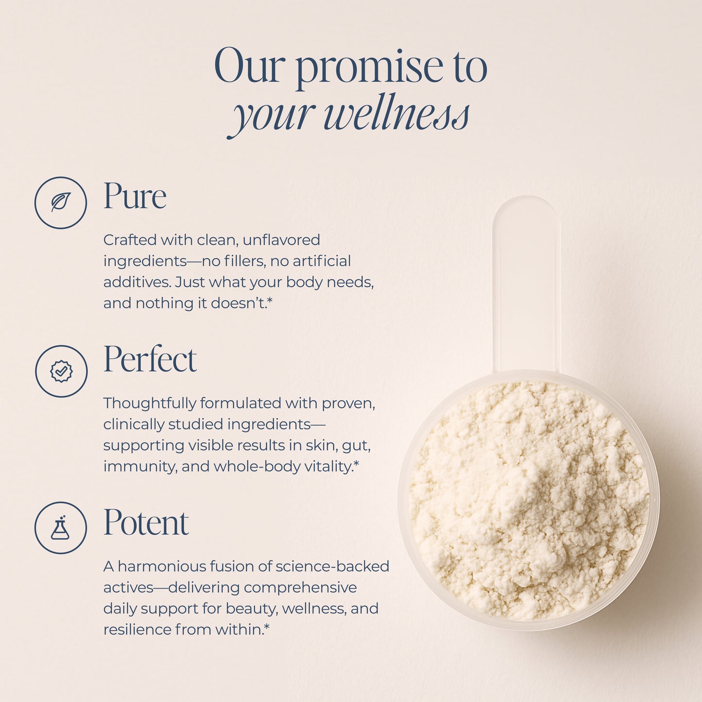 Scoop of QUINIX Collagen Fusion+ powder placed on a soft beige background, alongside wellness claims emphasizing purity, potency, and clinically studied ingredients for full-body vitality and daily support.