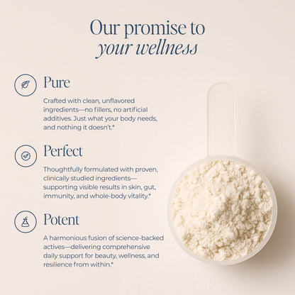 Scoop of QUINIX Collagen Fusion+ powder placed on a soft beige background, alongside wellness claims emphasizing purity, potency, and clinically studied ingredients for full-body vitality and daily support.