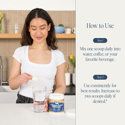 Young woman in a kitchen adding one scoop of QUINIX Collagen Fusion+ powder into a glass of water. Instructions on the right guide daily use for optimal skin, gut, and immune support.
